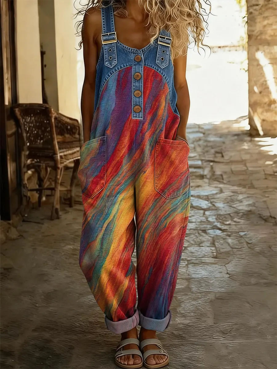 Ethnicity Tie Dye Women's Casual Washed Cotton Denim Patchwork Jumpsuit